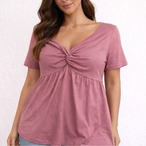 Knot Front V-Neck Short Sleeve Top - Rose